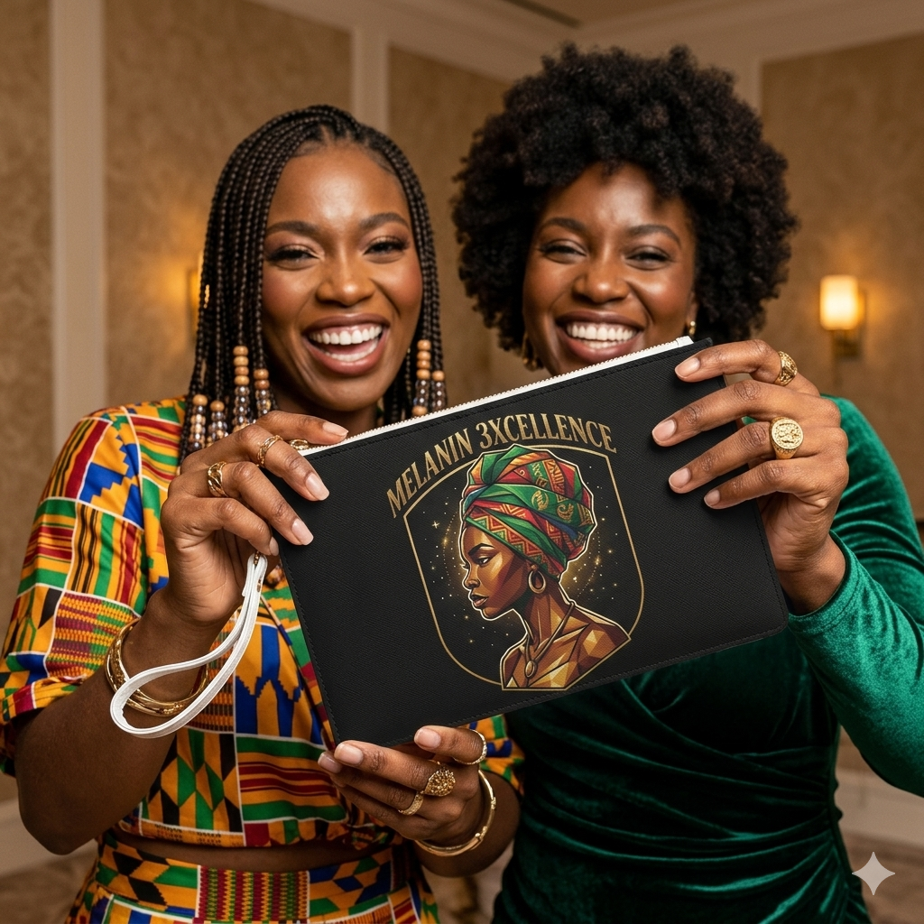 MELANIN 3XCELLENCE  Clutch Bag — Colorful Afrocentric AUW Chakra Logo Wristlet